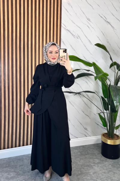 MANOLYA ASİMETRİK KESİM TESETTÜR TAKIM  Siyah