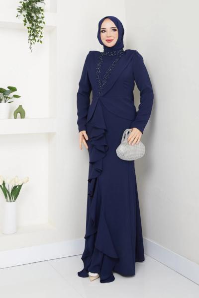 MARAL FIRFIRLI TESETTÜR ABİYE ELBİSE    Lacivert
