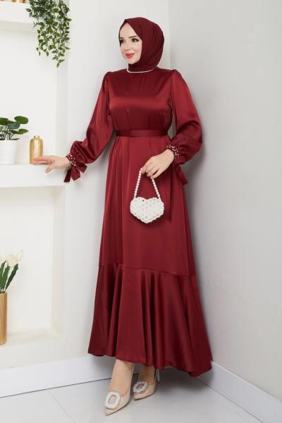 İNTİZAR YAKASI BONCUKLU TESETTÜR ELBİSE  Bordo