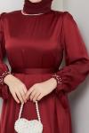 İNTİZAR YAKASI BONCUKLU TESETTÜR ELBİSE  Bordo