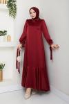 İNTİZAR YAKASI BONCUKLU TESETTÜR ELBİSE  Bordo