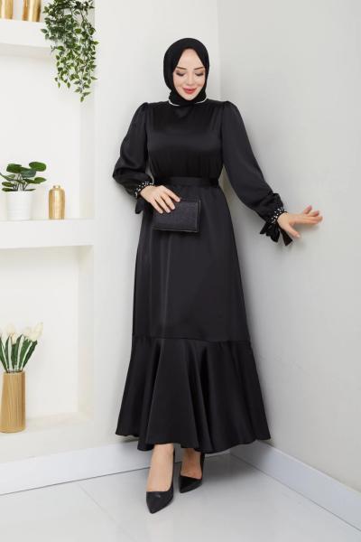 İNTİZAR YAKASI BONCUKLU TESETTÜR ELBİSE  Siyah