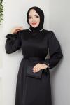 İNTİZAR YAKASI BONCUKLU TESETTÜR ELBİSE  Siyah