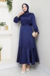 İNTİZAR YAKASI BONCUKLU TESETTÜR ELBİSE  Lacivert
