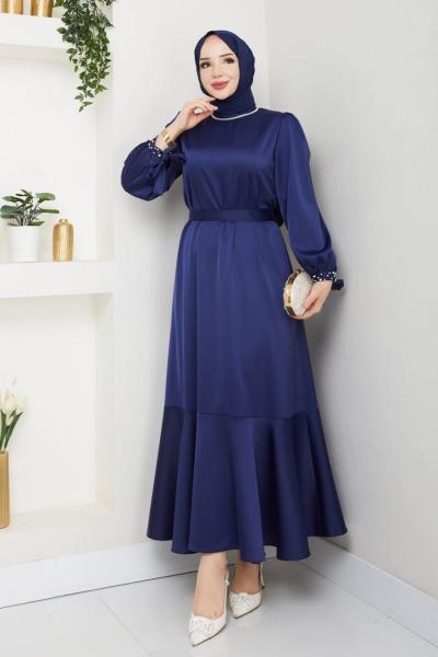 İNTİZAR YAKASI BONCUKLU TESETTÜR ELBİSE  Lacivert