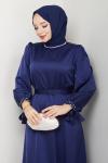 İNTİZAR YAKASI BONCUKLU TESETTÜR ELBİSE  Lacivert