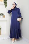 İNTİZAR YAKASI BONCUKLU TESETTÜR ELBİSE  Lacivert