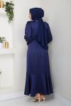 İNTİZAR YAKASI BONCUKLU TESETTÜR ELBİSE  Lacivert