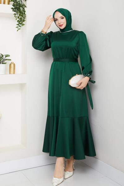 İNTİZAR YAKASI BONCUKLU TESETTÜR ELBİSE  Zümrüt