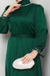 İNTİZAR YAKASI BONCUKLU TESETTÜR ELBİSE  Zümrüt