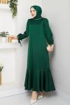 İNTİZAR YAKASI BONCUKLU TESETTÜR ELBİSE  Zümrüt