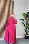 GÜLŞEN DÜĞMELİ KETEN TESETTÜR ELBİSE  Fuşya