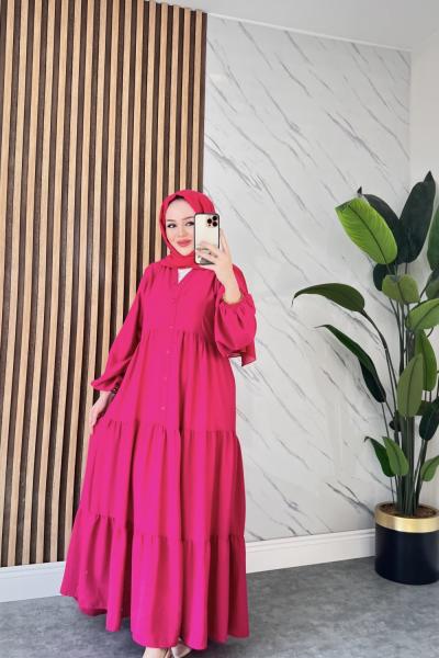 GÜLŞEN DÜĞMELİ KETEN TESETTÜR ELBİSE  Fuşya