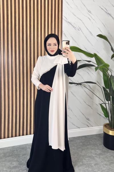 HELİN TESETTÜR ABİYE ELBİSE SiyahaBeyaz