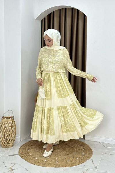 BELİZ VİSKON TESETTÜR ETEKLİ TAKIM SarıDetay