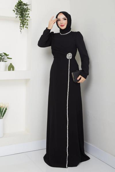 ÇİÇEK ABİYE ELBİSE TESETTÜR Siyah