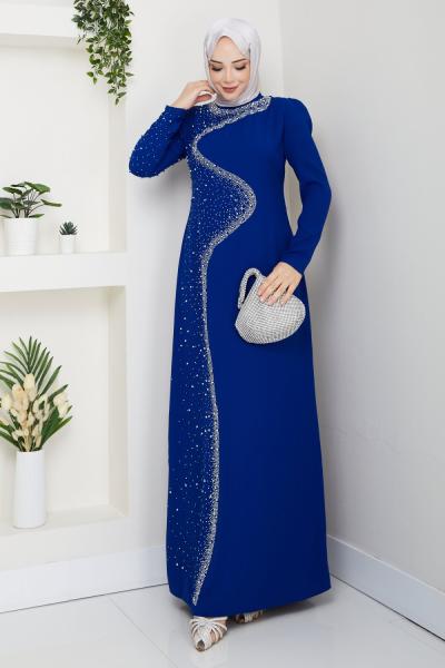 DİCLE TESETTÜR ABİYE ELBİSE SaksMavisi