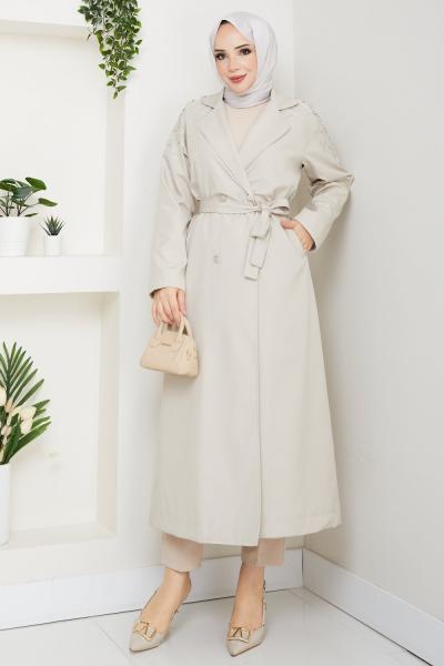 BİLGE OMUZU İŞLEMELİ TESETTÜR TRENÇKOT Taş
