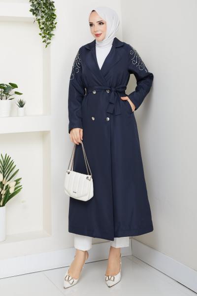 BİLGE OMUZU İŞLEMELİ TESETTÜR TRENÇKOT Lacivert