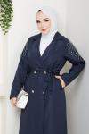 BİLGE OMUZU İŞLEMELİ TESETTÜR TRENÇKOT Lacivert