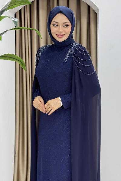 HİCRAN TESETTÜR ABİYE ELBİSE Lacivert