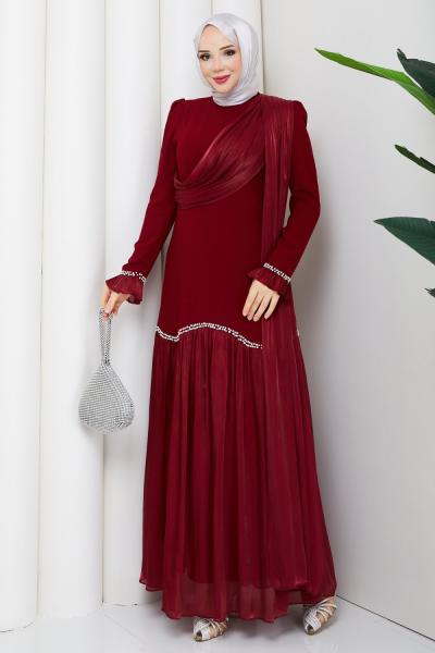 YENİ BEYHAN TESETTÜR ABİYE ELBİSE Bordo