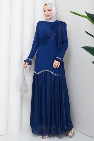 YENİ BEYHAN TESETTÜR ABİYE ELBİSE Lacivert
