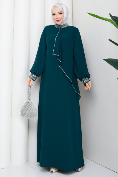 İPEK TESETTÜR ABİYE ELBİSE  Zümrüt