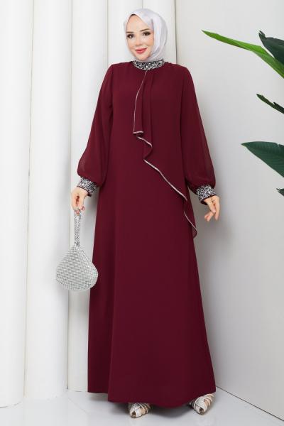 İPEK TESETTÜR ABİYE ELBİSE  Bordo