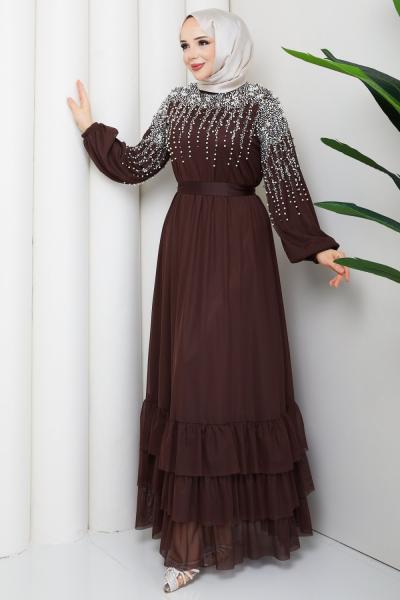MÜGE TESETTÜR ABİYE ELBİSE Kahve