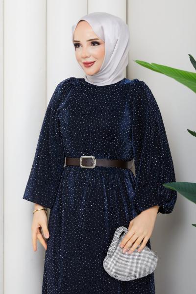 KEMERLİ TESETTÜR ELBİSE Lacivert