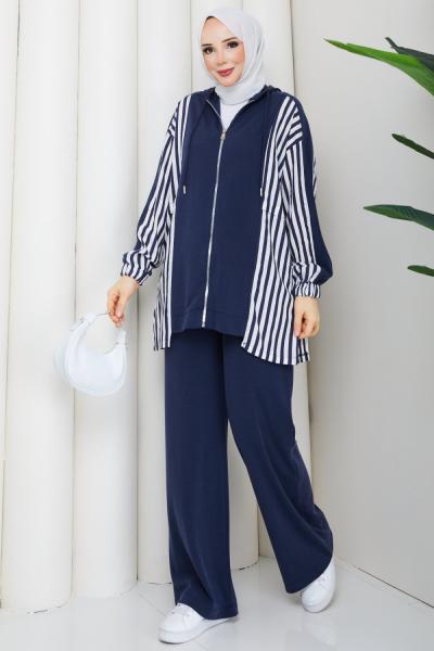 ÇİZGİ ŞERİT TESETTÜR TAKIM  Lacivert