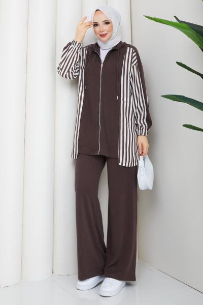 ÇİZGİ ŞERİT TESETTÜR TAKIM  Kahve