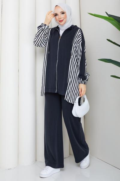 ÇİZGİ ŞERİT TESETTÜR TAKIM  Siyah
