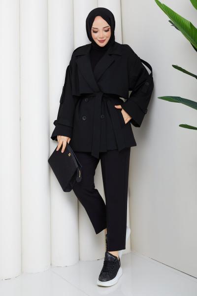 PREMİUM KUŞAKLI TRENÇKOT  Siyah