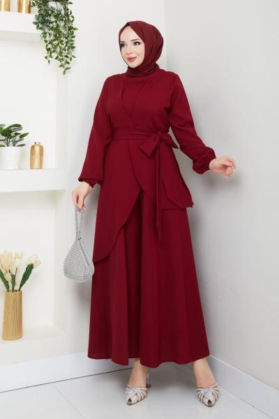 MANOLYA ASİMETRİK KESİM TESETTÜR TAKIM  Bordo