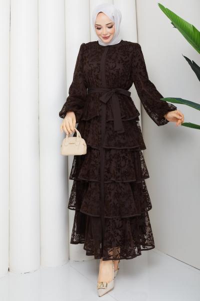 BURÇİN KATKAT TESETTÜR ELBİSE Kahve