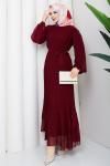 PİLİSELİ ŞİFON TESETTÜR ELBİSE Bordo