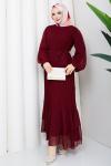 PİLİSELİ ŞİFON TESETTÜR ELBİSE Bordo