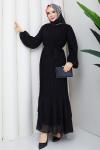 PİLİSELİ ŞİFON TESETTÜR ELBİSE Siyah