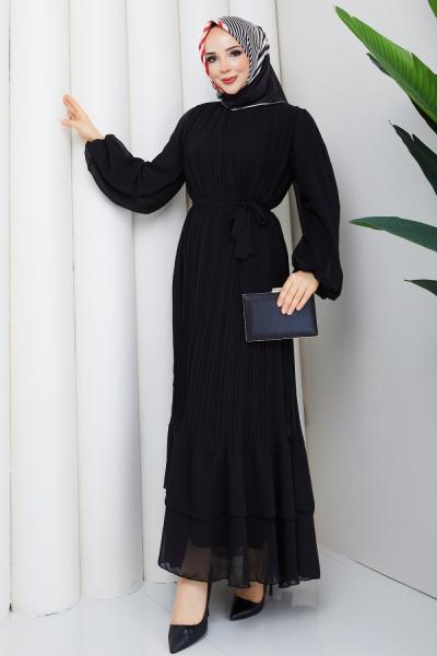 PİLİSELİ ŞİFON TESETTÜR ELBİSE Siyah