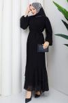 PİLİSELİ ŞİFON TESETTÜR ELBİSE Siyah