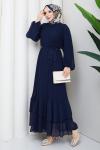 PİLİSELİ ŞİFON TESETTÜR ELBİSE Lacivert