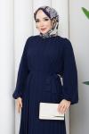PİLİSELİ ŞİFON TESETTÜR ELBİSE Lacivert