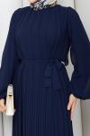 PİLİSELİ ŞİFON TESETTÜR ELBİSE Lacivert
