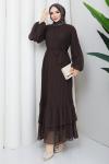 PİLİSELİ ŞİFON TESETTÜR ELBİSE Kahve