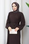PİLİSELİ ŞİFON TESETTÜR ELBİSE Kahve