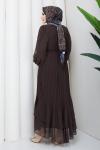 PİLİSELİ ŞİFON TESETTÜR ELBİSE Kahve