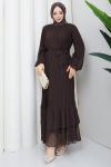 PİLİSELİ ŞİFON TESETTÜR ELBİSE Kahve