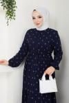 ÇAPA DESENLİ VİSKON ELBİSE Lacivert